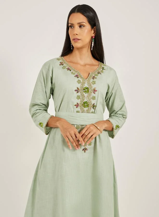 Maxim Creation Embroidered Notch Neck A-Line Jalabiya with Belt by Styli