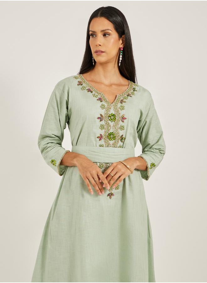 Maxim Creation Embroidered Notch Neck A-Line Jalabiya with Belt by Styli  - Image 3