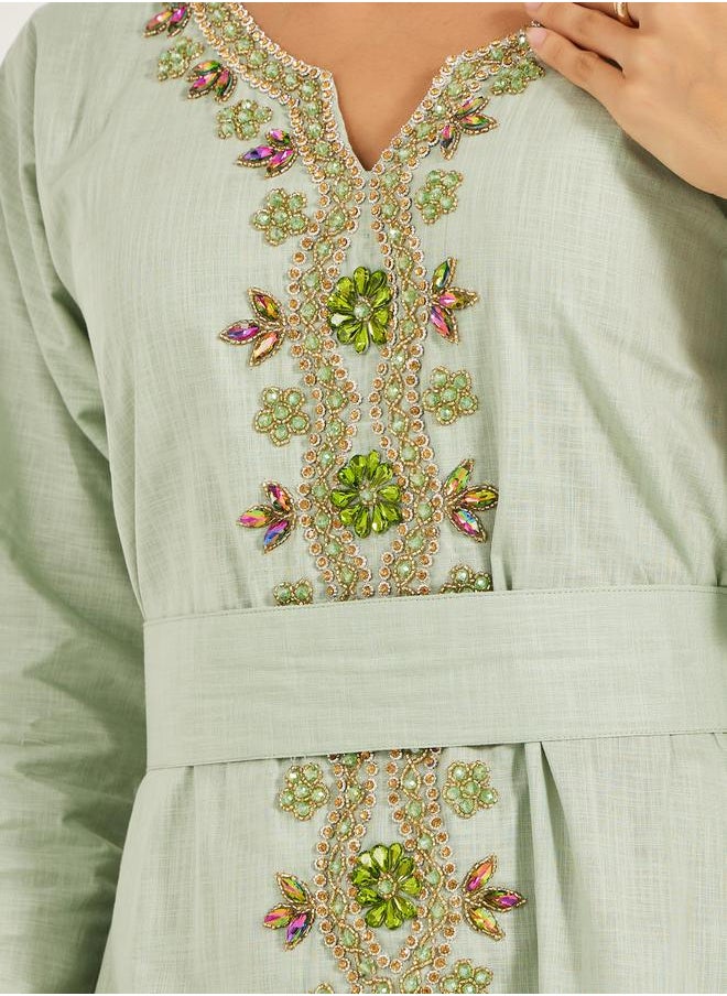 Maxim Creation Embroidered Notch Neck A-Line Jalabiya with Belt by Styli  - Image 4
