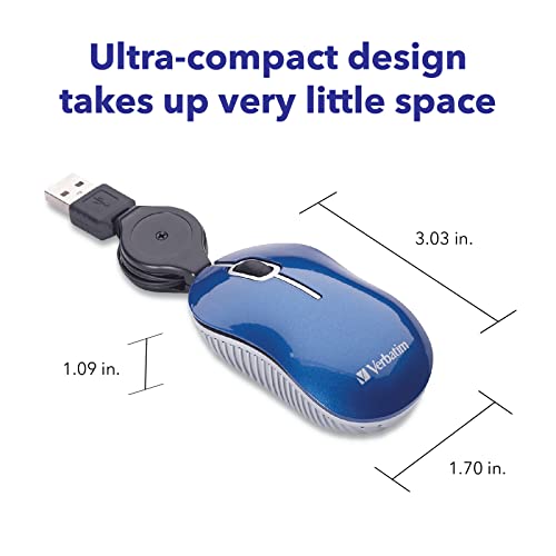 Verbatim Wired Optical Computer Mini USB-A Mouse - Plug & Play Corded Small Travel Mouse with Retractable Cable – Blue 98616 - Image 3