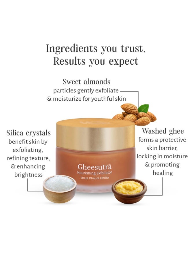 SHANKARA Gheesutra Nourishing Exfoliator-100x Washed Ghee, Sweet Almonds & Silica Crystals | Natural Ayurvedic Soap Free Formula Body Scrub for Skin Brightening, Unclog pores & Removes Impurities | For All Skin Types-50ml - Image 3