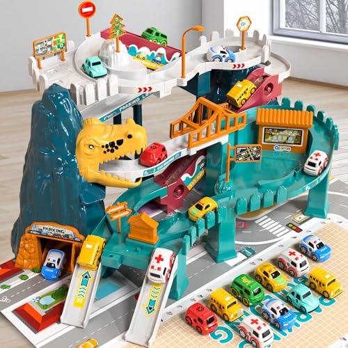 BLmukce Dinosaur Race Track Playset for Boys Kids 35 Dinosaur Climbing Hills Car Track Play Set with 10 Mini Racer Cars Birthday Gift for 3 4 5 6 7 8 Year Old Boys Girls - Image 1
