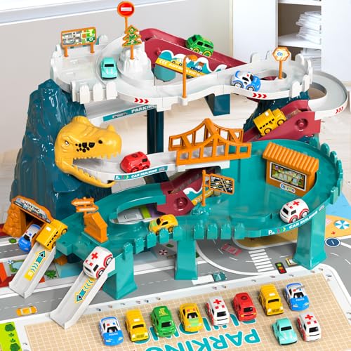 BLmukce Dinosaur Race Track Playset for Boys Kids 35 Dinosaur Climbing Hills Car Track Play Set with 10 Mini Racer Cars Birthday Gift for 3 4 5 6 7 8 Year Old Boys Girls - Image 5