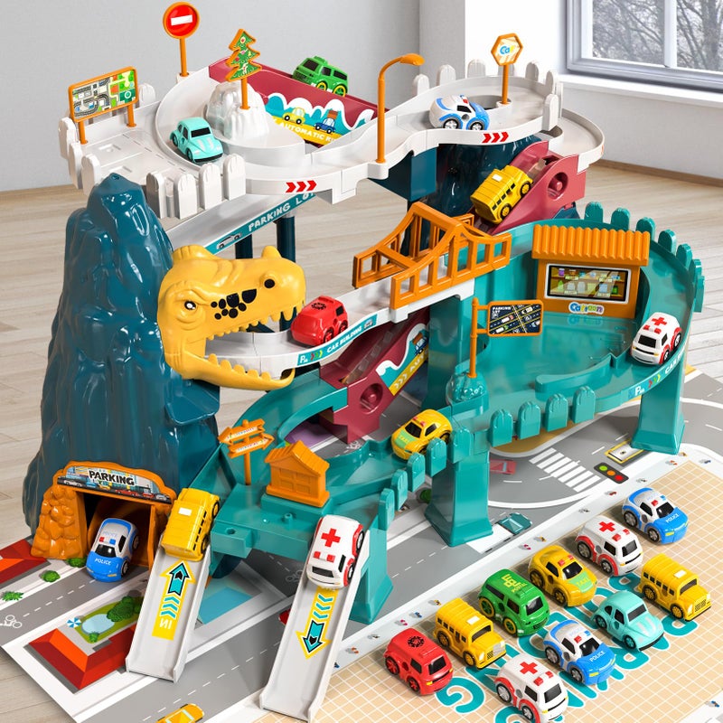 BLmukce Dinosaur Race Track Playset for Boys Kids 35 Dinosaur Climbing Hills Car Track Play Set with 10 Mini Racer Cars Birthday Gift for 3 4 5 6 7 8 Year Old Boys Girls - Image 3