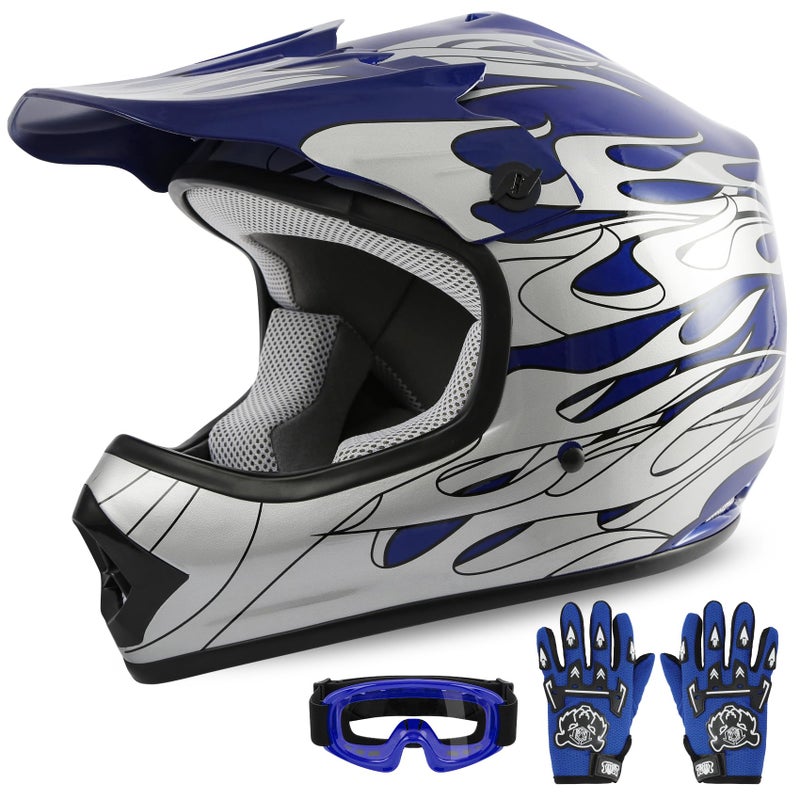XFMT Kids Dirt Bike Helmet Youth Motorcycle Helmet DOT-Certified Full Face Helmets for Motocross ATV Off-Road Street Bike with Goggles & Gloves, Blue Flame Small - Image 1