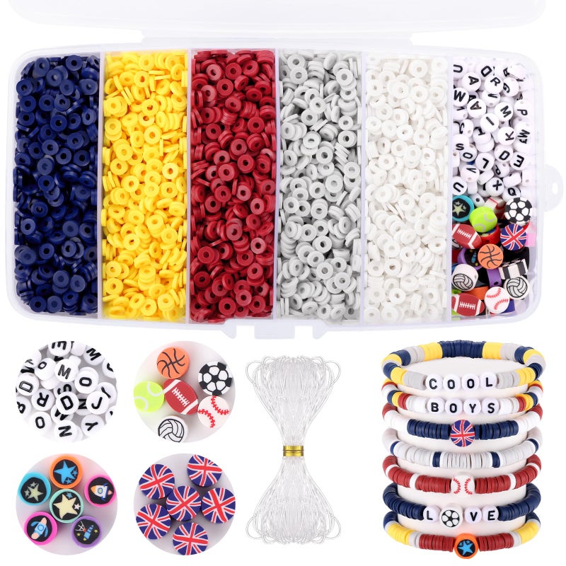 Red Blue and White Clay Beads Beads for UEFA Bracelet Making Funtopia 5000 Pcs Heishi Flat Round Bead Friendship Bracelet Kit with Letter Sports Bead Birthday Gift for Boys Adults