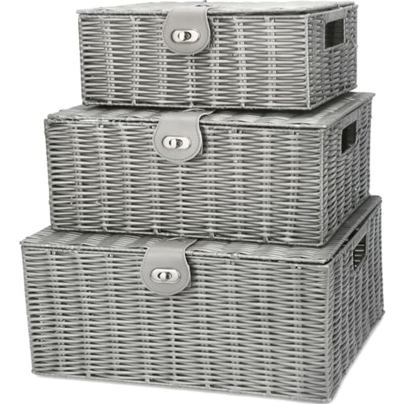 keyiWicker Storage Baskets - Set of 3 Decorative Nesting Boxes with Lids, Woven Basket with Lock and Handle, Organizer for Beauty Makeup Bathroom Decor - Image 1