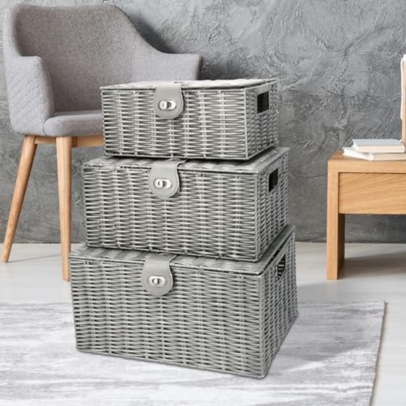 keyiWicker Storage Baskets - Set of 3 Decorative Nesting Boxes with Lids, Woven Basket with Lock and Handle, Organizer for Beauty Makeup Bathroom Decor - Image 3