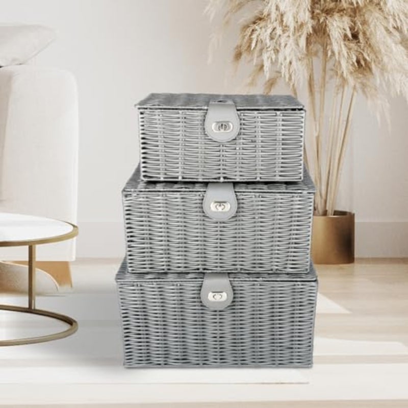 keyiWicker Storage Baskets - Set of 3 Decorative Nesting Boxes with Lids, Woven Basket with Lock and Handle, Organizer for Beauty Makeup Bathroom Decor - Image 4