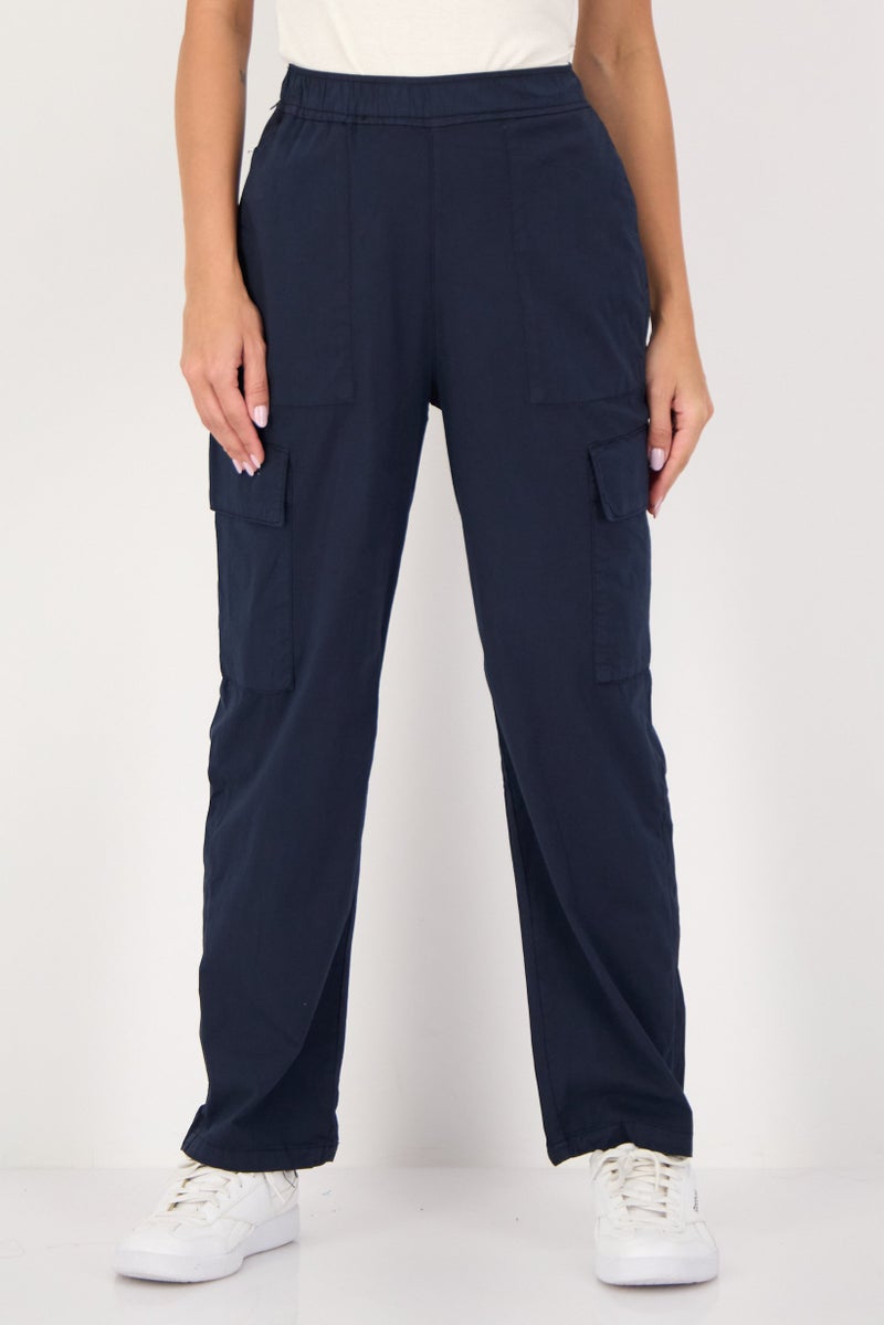 Reiko Women Regular Fit Solid Cargo Pants, Dark Navy - Image 1