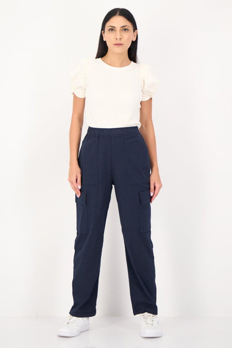 Reiko Women Regular Fit Solid Cargo Pants, Dark Navy - Image 4