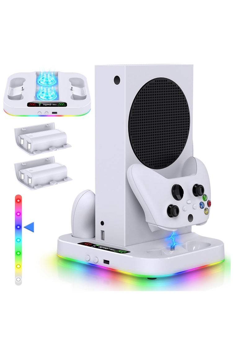 KASTWAVE Cooling Fan Stand for Xbox Series S with RGB Light Strip, Upgraded Dual Controllers Charging Dock Accessories with 2 X 1400mAH Rechargeable Battery Pack, Headset Hook & USB Ports, White  - Image 1