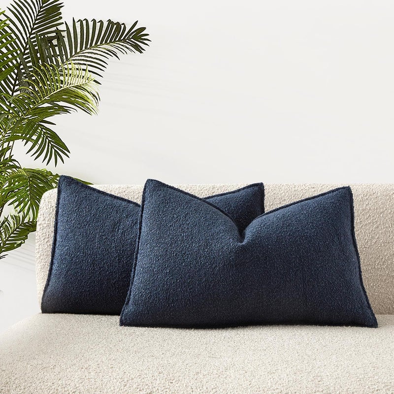 JUSPURBET Navy Blue Boucle Textured Lumbar Throw Pillow Covers Set of 2 for Couch Bedroom Sofa Living Room Decorative Soft Euro Broadside Cushion Cases with Hidden Zipper - Image 1