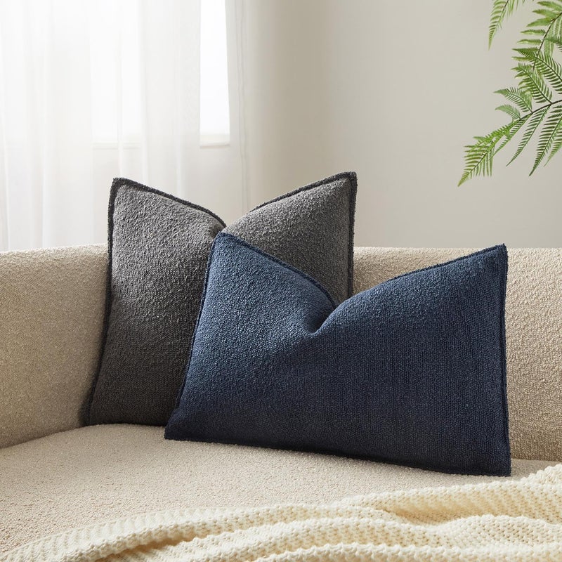 JUSPURBET Navy Blue Boucle Textured Lumbar Throw Pillow Covers Set of 2 for Couch Bedroom Sofa Living Room Decorative Soft Euro Broadside Cushion Cases with Hidden Zipper - Image 2
