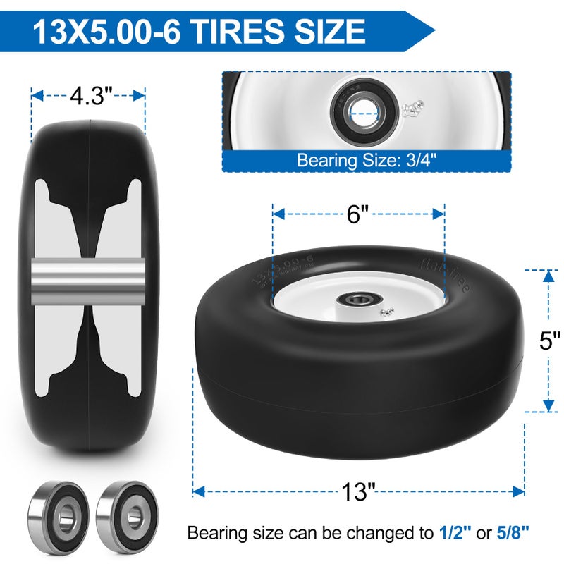 phepetroll 13x5.00-6 Flat Free Lawn Mower Tires and Wheels 3/4" 5/8" 1/2" Ball Bearings, 13x5x6 Zero Turn Mower Front Tires, Smooth Tires for Commercial Grade Lawn 4.3"-6.3" Adjustable Centered Hub - Image 2