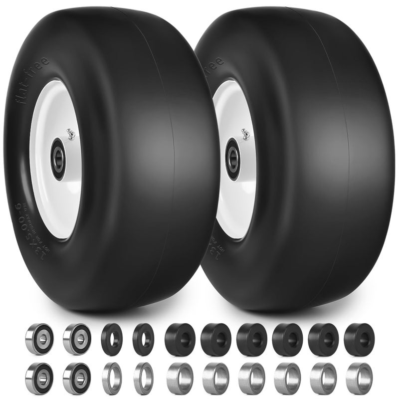 phepetroll 13x5.00-6 Flat Free Lawn Mower Tires and Wheels 3/4" 5/8" 1/2" Ball Bearings, 13x5x6 Zero Turn Mower Front Tires, Smooth Tires for Commercial Grade Lawn 4.3"-6.3" Adjustable Centered Hub - Image 1