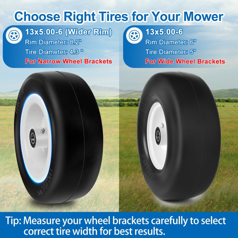 phepetroll 13x5.00-6 Flat Free Lawn Mower Tires and Wheels 3/4" 5/8" 1/2" Ball Bearings, 13x5x6 Zero Turn Mower Front Tires, Smooth Tires for Commercial Grade Lawn 4.3"-6.3" Adjustable Centered Hub - Image 4