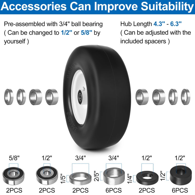 phepetroll 13x5.00-6 Flat Free Lawn Mower Tires and Wheels 3/4" 5/8" 1/2" Ball Bearings, 13x5x6 Zero Turn Mower Front Tires, Smooth Tires for Commercial Grade Lawn 4.3"-6.3" Adjustable Centered Hub - Image 3