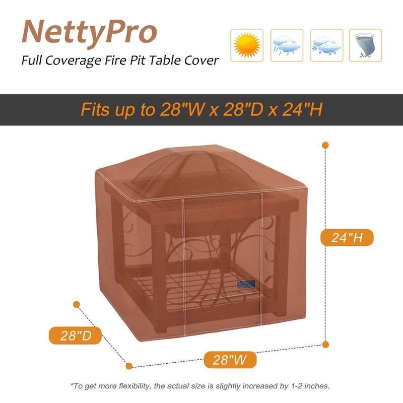 NettyPro Fire Pit Cover Square Waterproof Outdoor Firepit Cover for Gas Propane Fire Pit Table, 28 x 28 x 24 inch, Brown - Image 2