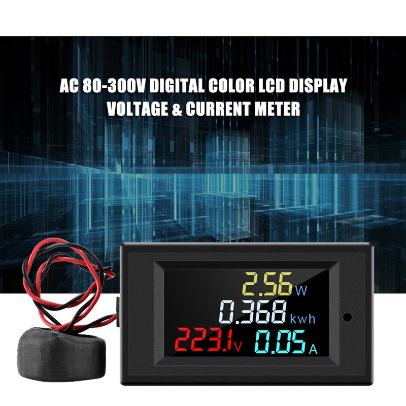 مقياس جهد وتيار رقمي يتيح تيارًا مترددًا 80-300 فولت، مع شاشة LCD ملونة - مقياس متعدد الوظائف لمراقبة الجهد والتيار والطاقة والطاقة الكلية والتردد مع محول تيار CT سعة 100 أمبير - Image 2