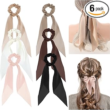 Qianyu Ptwola 6 Pieces Solid Color Bow Silk Scrunchies Knotted Hair Ties with Bows Satin Long Bow Ribbon Ponytail Holders Elastic Hair Bobbles Accessories for Women Girls Teens Christmas Birthday Gifts - Image 1