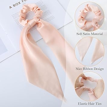 Qianyu Ptwola 6 Pieces Solid Color Bow Silk Scrunchies Knotted Hair Ties with Bows Satin Long Bow Ribbon Ponytail Holders Elastic Hair Bobbles Accessories for Women Girls Teens Christmas Birthday Gifts - Image 4