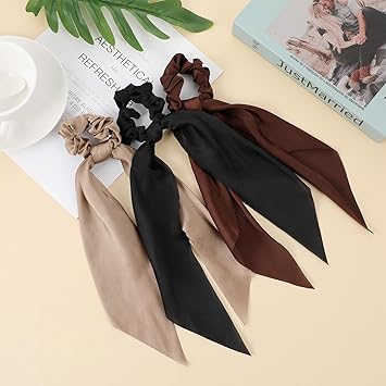 Qianyu Ptwola 6 Pieces Solid Color Bow Silk Scrunchies Knotted Hair Ties with Bows Satin Long Bow Ribbon Ponytail Holders Elastic Hair Bobbles Accessories for Women Girls Teens Christmas Birthday Gifts - Image 5