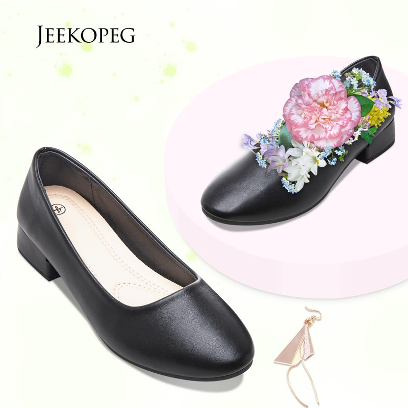 Jeekopeg Low Chunky Pumps Women's Round Toe Heels PU Leather Chunky Pump Shoes Classic Closed Toe Pumps Low Heel Dress Shoes for Women(Black,US8) - Image 3