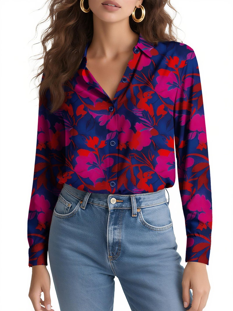 COUXILY Womens Button Down Blouse Long Sleeve Shirts for Women Tops Fall Business Casual Shirt Work Dressy Fashion Silk Formal Elegant Trending Classy Print Boho Hawaiian Tropical Floral 04 S - Image 2