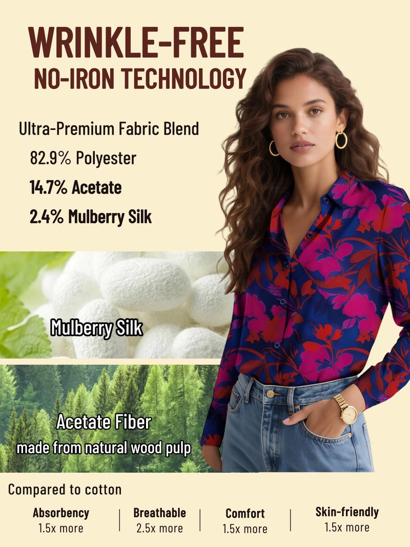COUXILY Womens Button Down Blouse Long Sleeve Shirts for Women Tops Fall Business Casual Shirt Work Dressy Fashion Silk Formal Elegant Trending Classy Print Boho Hawaiian Tropical Floral 04 S - Image 3