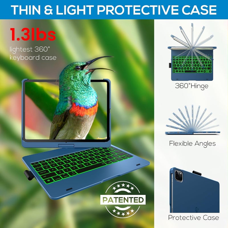 typecase غلاف لوحة مفاتيح تايب كيس باللمس لآيباد إير 11 بوصة (M4/M3/M2، 2026/2025/2024) وآيباد برو 11 (الجيل الأول-الرابع)، لوحة تتبع متعددة اللمس، إضاءة خلفية بـ 11 لونًا، قابل للدوران 360 درجة لإير 5/4، أزرق المحيط الهادئ - Image 5