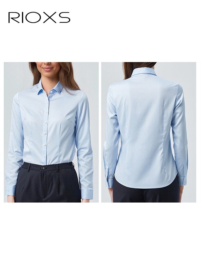 ريوكس قميص النساء الأزرق أسفل الزرار، قميص العمل ذو الكفة الطويلة النحيفة المناسبة، قميص المكتب الضيق مع الأصفافات المتدلية، أعلى رسمي قابل للتنفس للنساء، القميص الكلاسيكي لشق الشق الأعمال غير الرسمية - Image 4