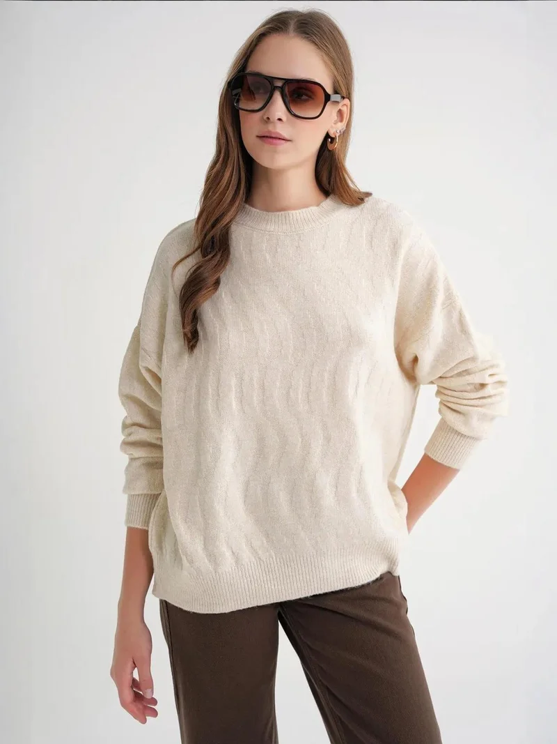 Mixray Ribbed Knitwear Pullover Sweater with Hair Braid Pattern