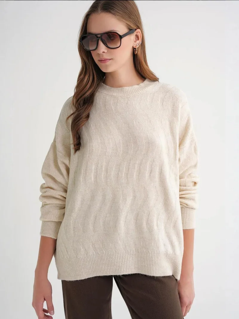 MixRay Natural Mixray Ribbed Knitwear Pullover Sweater with Hair Braid Pattern for Women | Best Price UAE