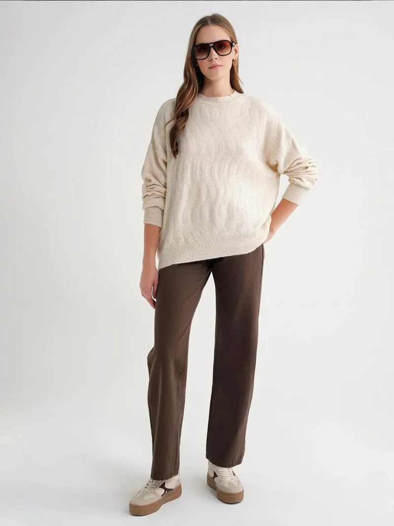 MixRay Natural Mixray Ribbed Knitwear Pullover Sweater with Hair Braid Pattern for Women | Best Price UAE