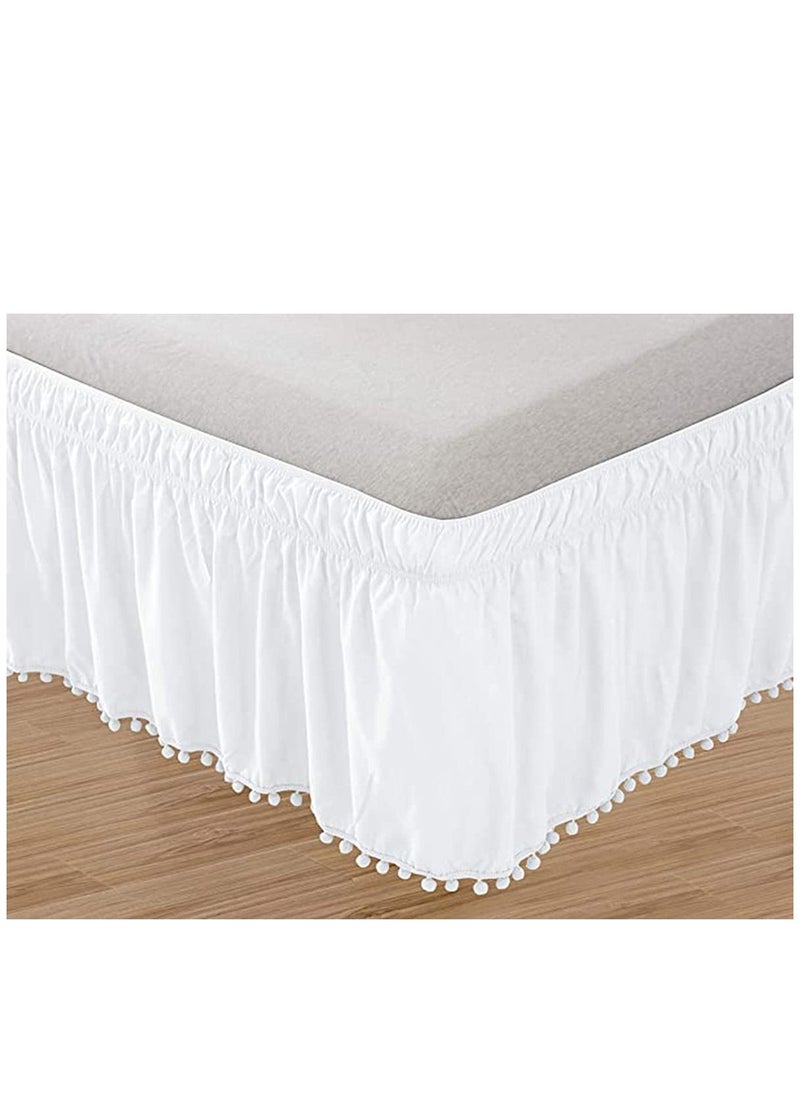 Y&D Queen Bed Skirt, Elegant Comfort Top-Knot Tassle Pompom Fringe Ruffle Skirt Around Style Elastic Wrap- Wrinkle Resistant 16inch Drop, White  - Image 1