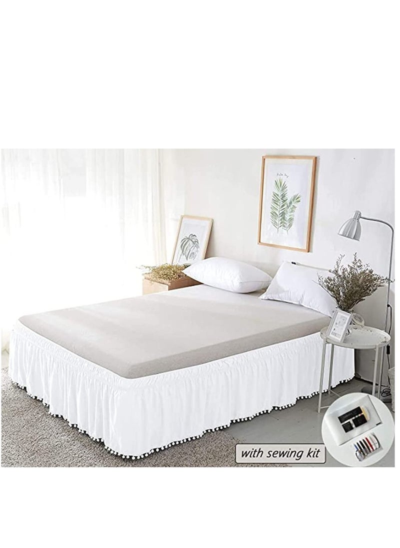 Y&D Queen Bed Skirt, Elegant Comfort Top-Knot Tassle Pompom Fringe Ruffle Skirt Around Style Elastic Wrap- Wrinkle Resistant 16inch Drop, White  - Image 2