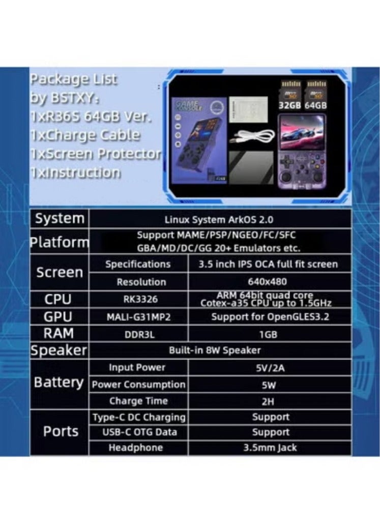 linkship R36s gaming console,Handheld Gaming Console128G - 20000+ Retro Games Preloaded, 3.5" IPS HD Screen, Open Source Linux, 3500mAh Long Battery, Dual 3D Joysticks, Portable for Kids & Adults (Purple) - Image 3