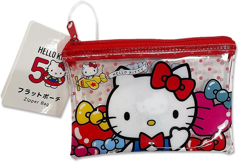 Daiso Sanrio Hello Kitty 50th Anniversary Flat Zipper Pouch - Cute Kawaii Clear Vinyl Pencil Case - Image 1