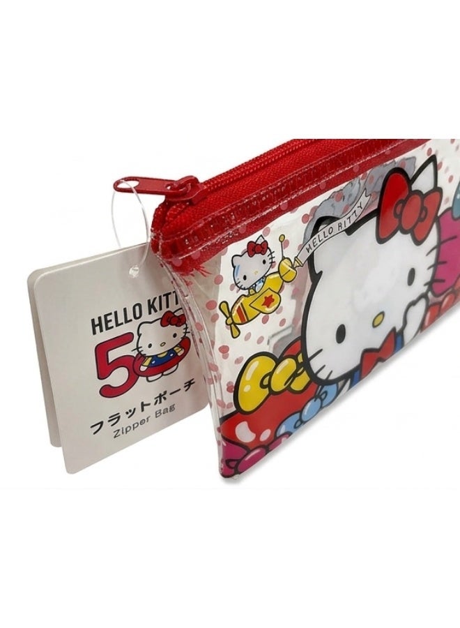Daiso Sanrio Hello Kitty 50th Anniversary Flat Zipper Pouch - Cute Kawaii Clear Vinyl Pencil Case - Image 2