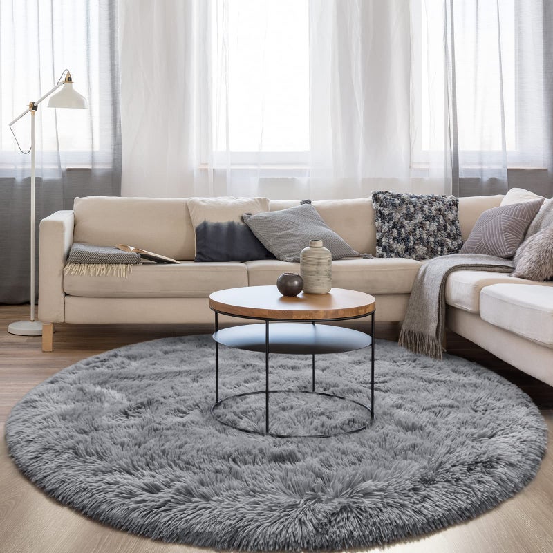 FlyDOIT Grey Round Rug for Bedroom Super Fluffy Circle Rugs for Baby Nursery 4X4 Feet Furry Carpet for Children Kids Room Cute Soft Shaggy Rug for Girls Home Decor Fuzzy Plush Carpets for Dorm