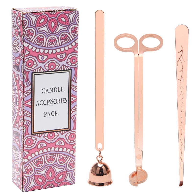 Luxiv 3 in 1 Candle Snuffer Set 3P Candle Accessory Set with Candle Wick Trimmer Candle Snuffer and Candles Wick Dipper Candle Cutter Kit for Candle Lovers with Gift Package Rose Gold