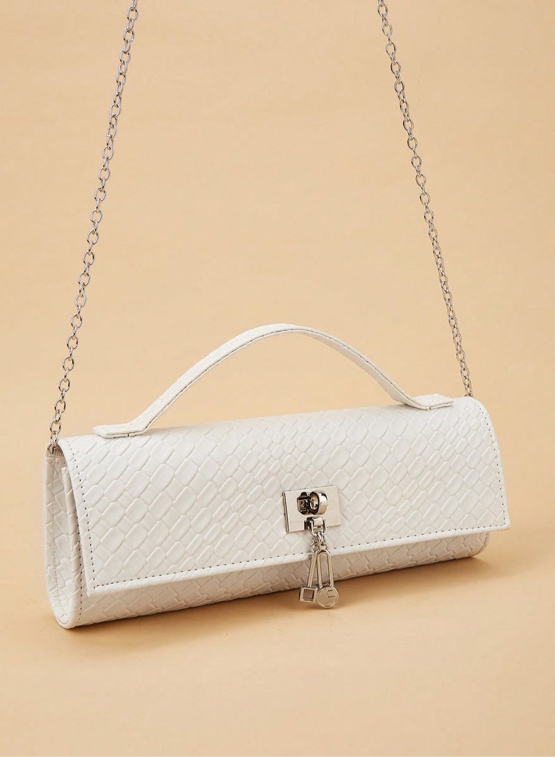 Women's White Evening Bag with Snake-Pattern Design and Metal Chain Strap - Image 2