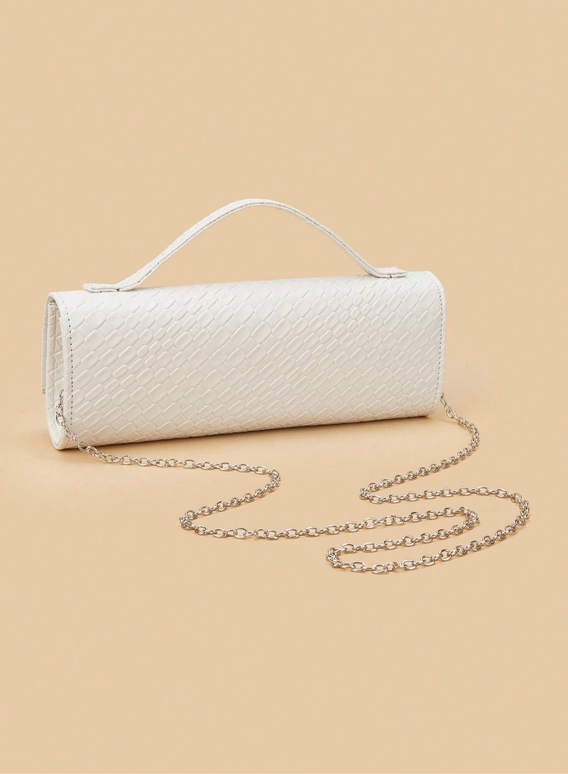 Women's White Evening Bag with Snake-Pattern Design and Metal Chain Strap - Image 3