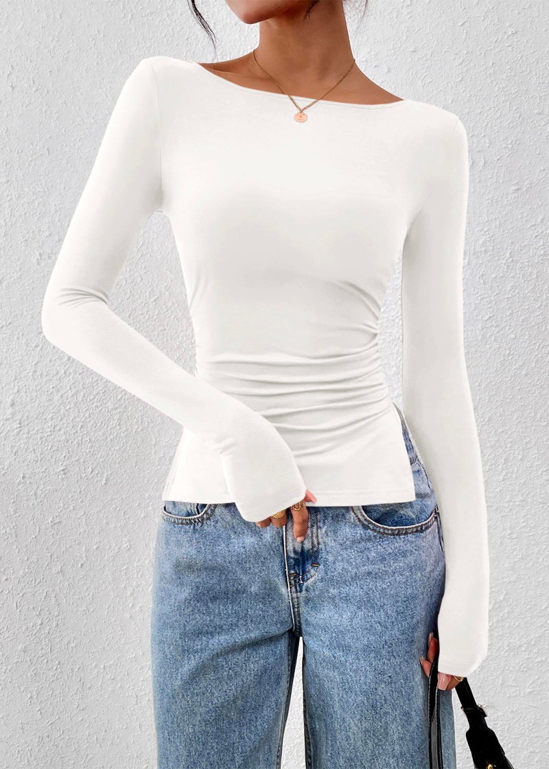 KIRUNDO Long Sleeve Shirts for Women 2026 Fall Casual Boat Neck Knit Workout Going Out Tops Fitted Side Slit Basic Tees(White, Large) - Image 4