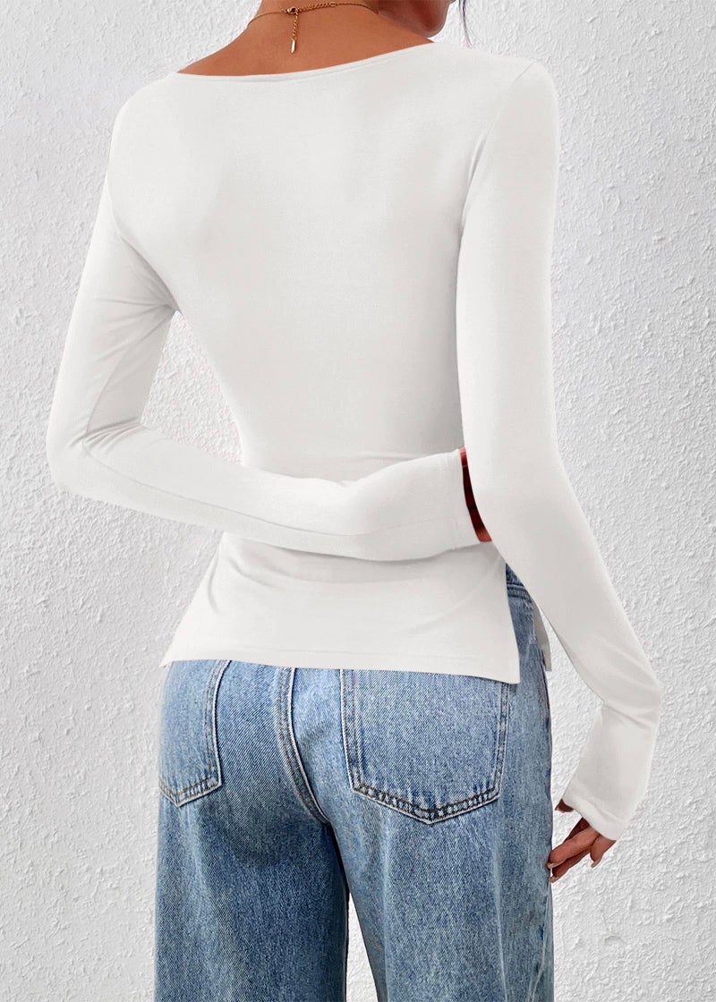 KIRUNDO Long Sleeve Shirts for Women 2026 Fall Casual Boat Neck Knit Workout Going Out Tops Fitted Side Slit Basic Tees(White, Large) - Image 2