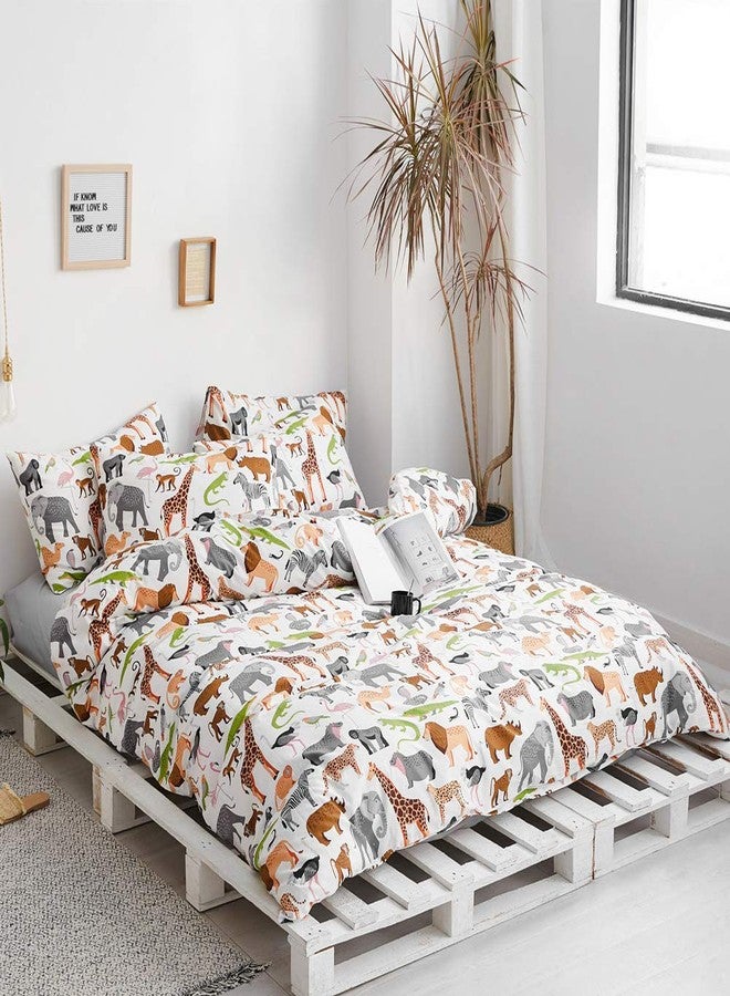 BlueBlue Safari Kids Duvet Cover Set Twin, 100% Cotton Bedding for Boys Girls Teens Single Bed, Animal Lion Elephant Rhino Giraffe Zebra Pattern on White, 1 Comforter Cover 2 Pillowcase (Twin, Zoo) - Image 2