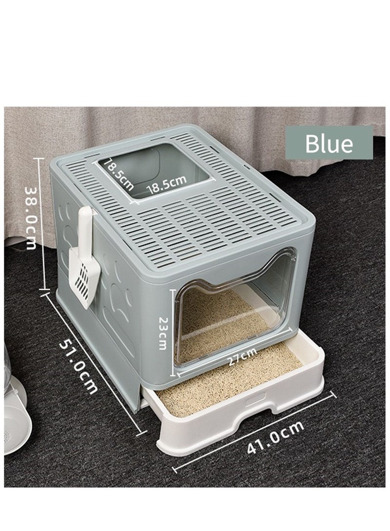 Cat Litter Box, Large Litter House with Cleaning Scoop, Anti-Splashing Cat Toilet Cat Sandbox, Portable Waste Box and Deodorizing Cat Pan, kitten Potty Training, Easy to Clean (Blue, MPS-09) - Image 1
