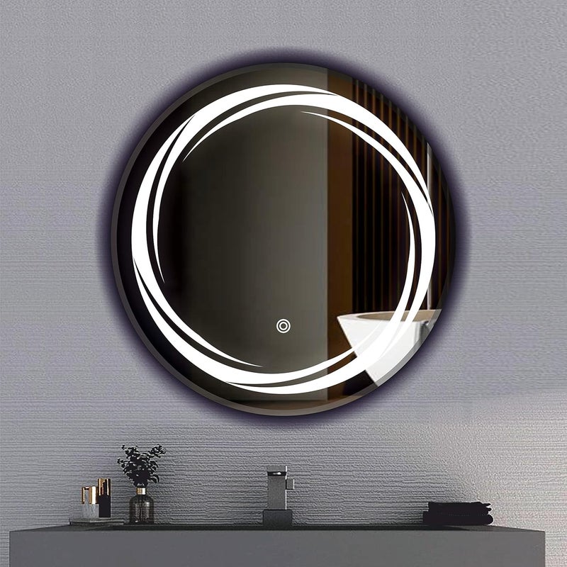 PRINCE ART مرآة LED زجاجية ديكورية للحمام مع مستشعر لمسة 21x21 بوصة دائري DH9 - Image 2