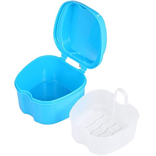 Onwon Denture Case Denture Cup with Strainer and Lid Retainer Cleaning Soaking Cup Denture Bath Box False Teeth Storage Box with Basket Net Container Holder for Travel